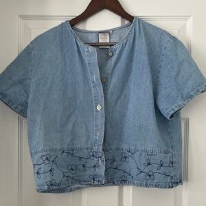 Vintage Denim Button-Up Top with Floral Embroidery
